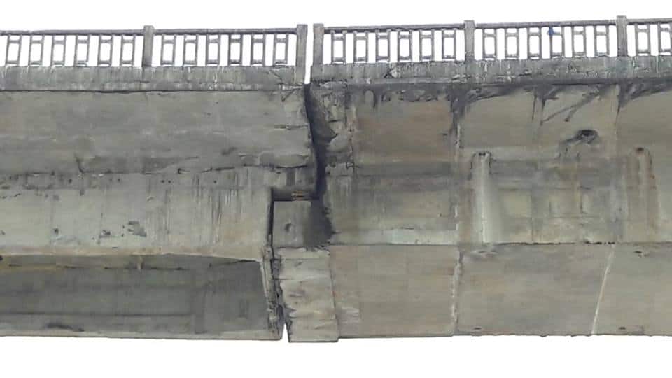 The image shared by Tony Pertin shows the crack on the Siang River bridge in Pasighat
