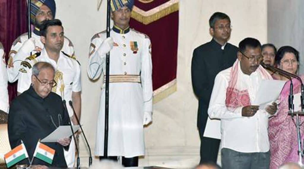 President Pranab Mukherjee administering the oath as Minister of State to Rajen Gohain, at a Swearing-in Ceremony, at Rashtrapati Bhavan, in New Delhi on July 05, 2016