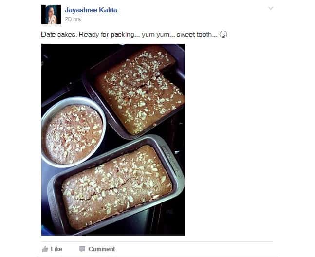 A group member sharing pictures of home-made date cakes she prepared