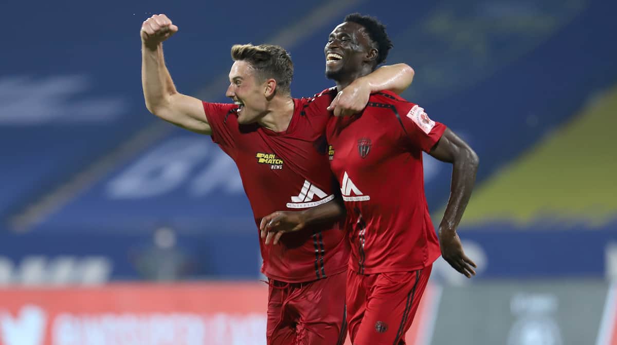 Idrissa Sylla (right) of NorthEast United FC celebrates after scoring a goal | Photo: ISL