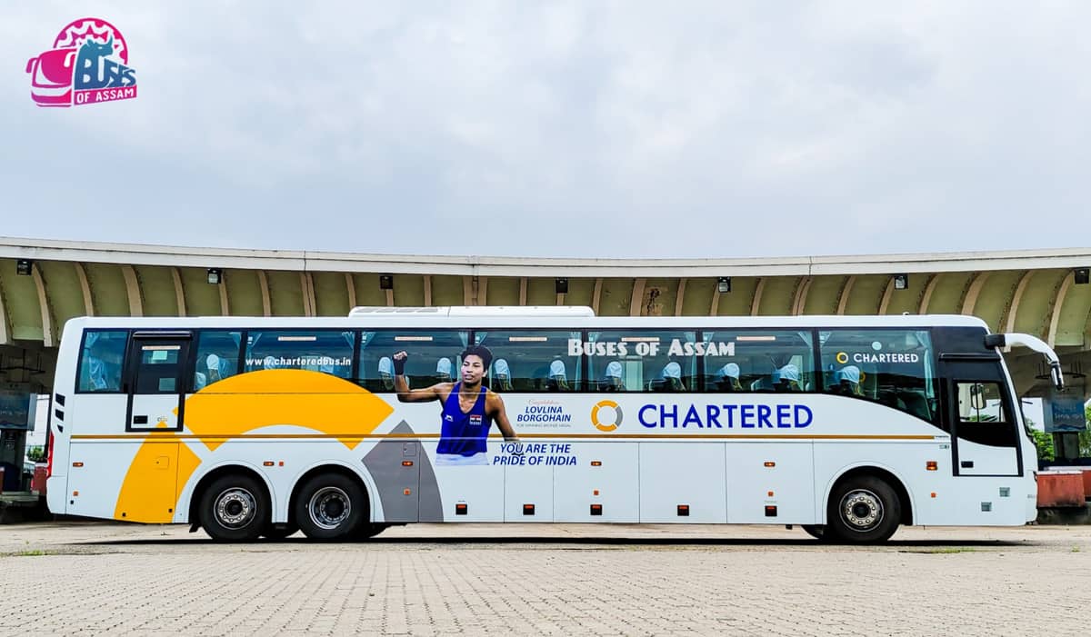 A Volvo bus decked up to welcome Lovlina from the Guwahati airport