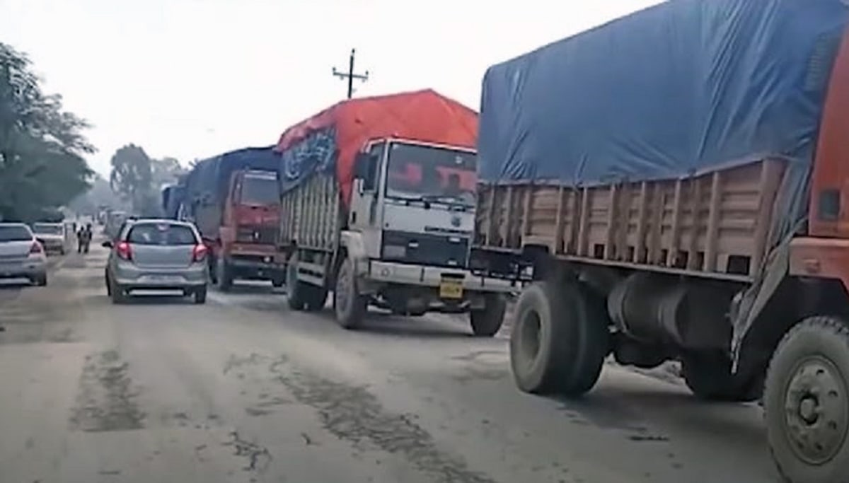 Vehicles being stranded along NH-37 on January 28