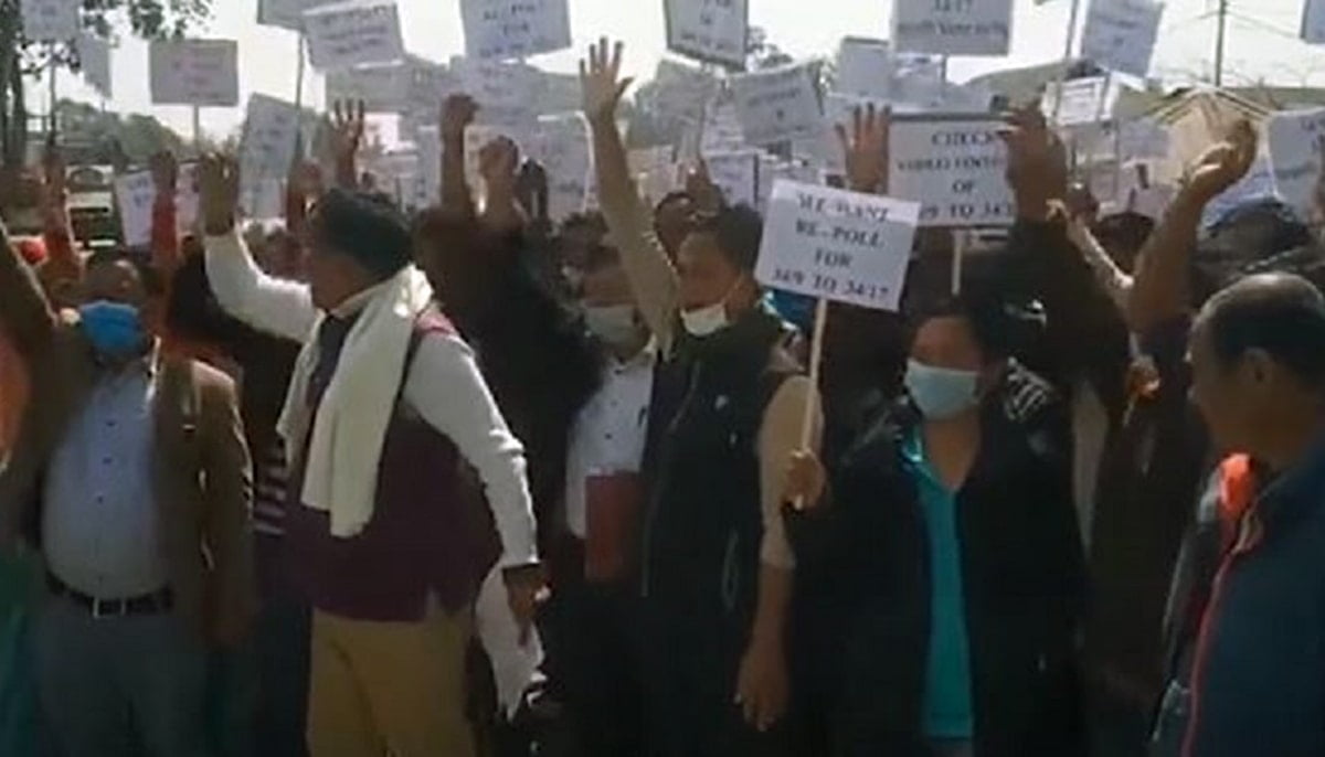 Supporters of Congress candidate in Thoubal district protest demanding re-poll in nine polling stations