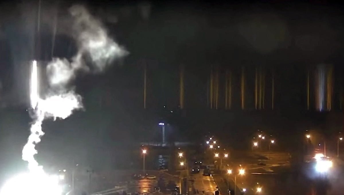 Footage shows a flare landing at the Zaporizhzhia nuclear power plant in Ukraine