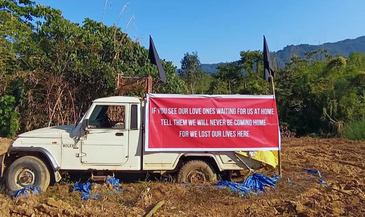 The pick-up truck stands at the site where six coal miners were killed by the army at Oting in Nagaland's Mon district last year | Photo courtesy: Mantong Konyak, The Morung Express