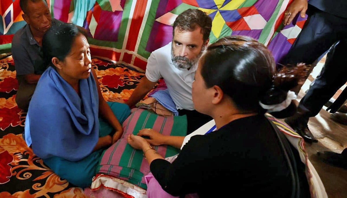 Congress leader Rahul Gandhi meets with a woman affected by Manipur violence, at Moirang, in Bishnupur on Friday