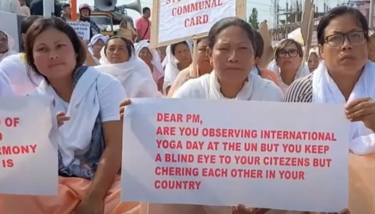 Womenfolk in Manipur's Thoubal district staging protest boycotting International Day of Yoga on Wednesday