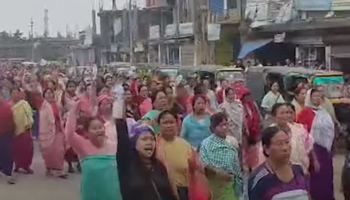 Womenfolk protesting against detention of 4 youths by AR at Lilong area of Manipur's Thoubal district on Tuesday morning