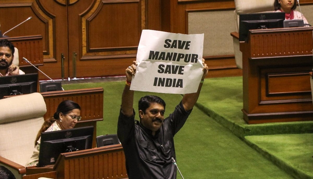 An opposition MLA holds placard protests over Manipur issue in the Goa Legislative Assembly